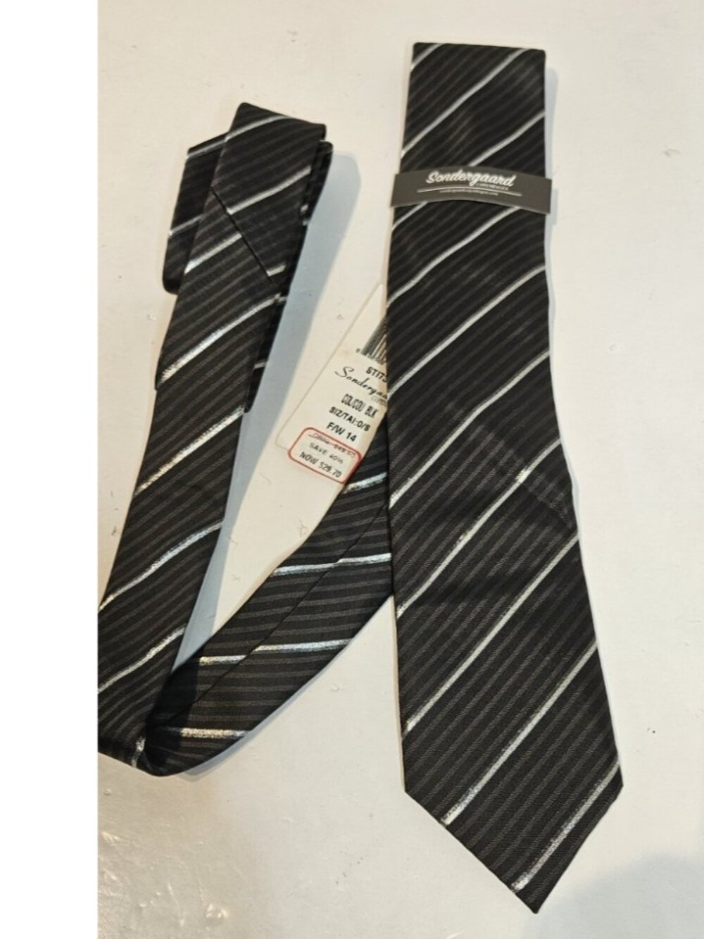 Sondergaard Tie Mens Black Silver Striped 100% Silk Classic Necktie Formal